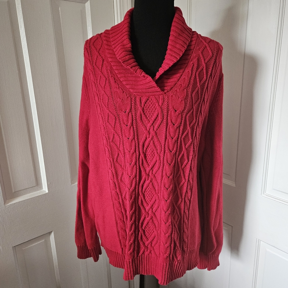 Karen Scott Women’s Sweater Size XL Red Collared V-Neck Cable Knit 100% Cotton